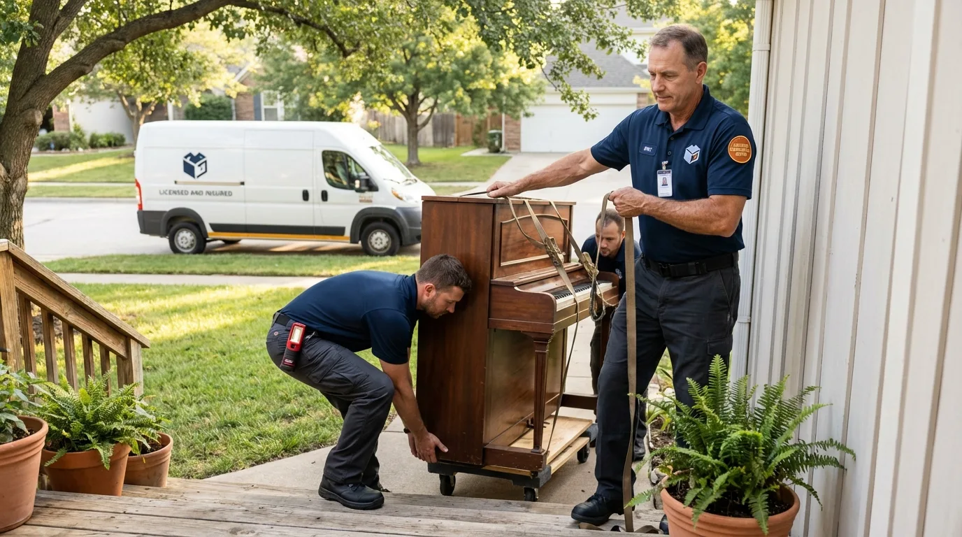 Licensed piano movers securing grand piano in Franksville, WI
