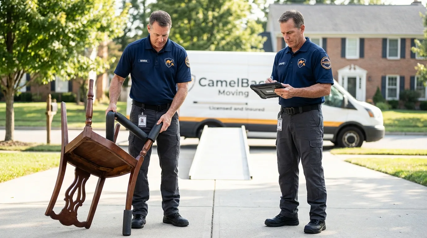 Movers inspecting furniture for damage prevention before loading in Franksville, WI