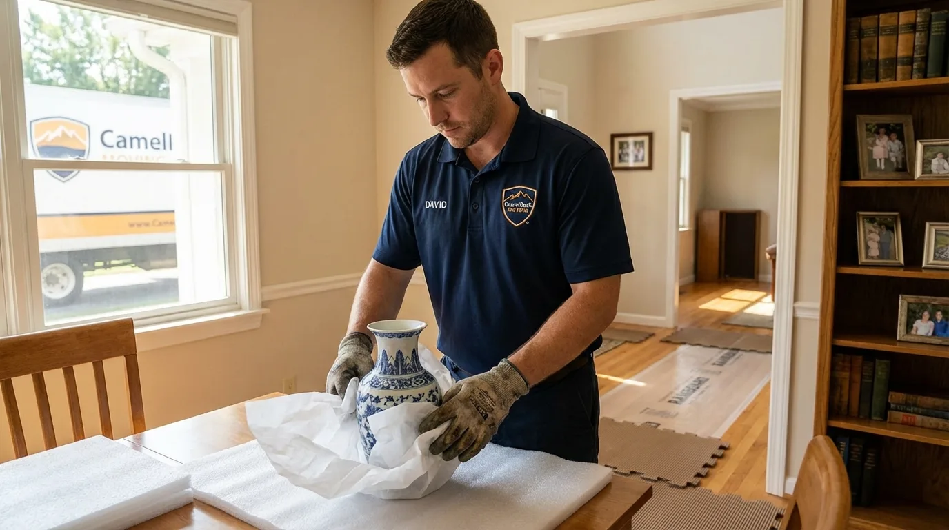Professional crew carefully wrapping antique vase for senior downsizing move in Franksville, WI